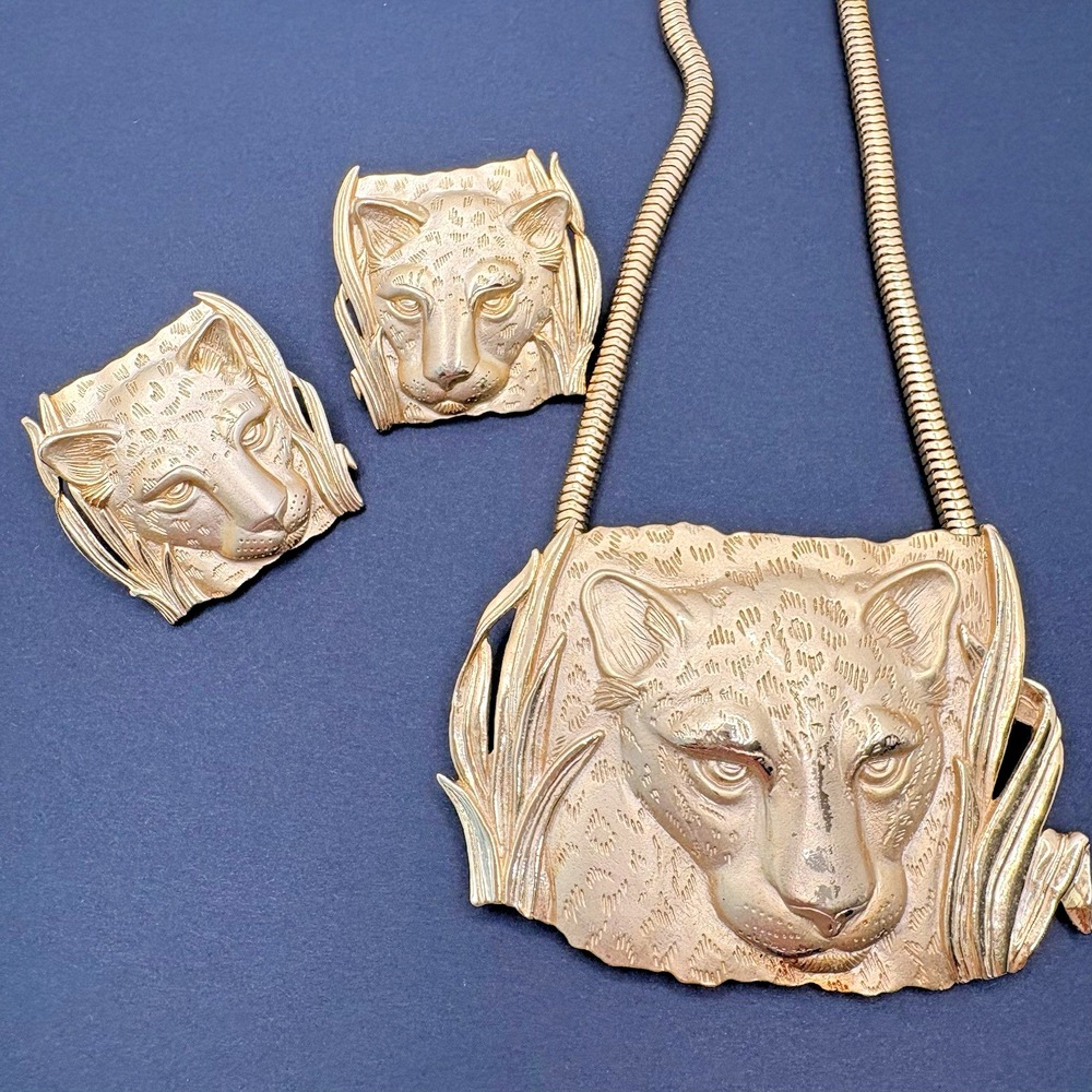 Vintage Park Lane Panther Leopard Necklace / Brooch & Earrings Set Gold Tone